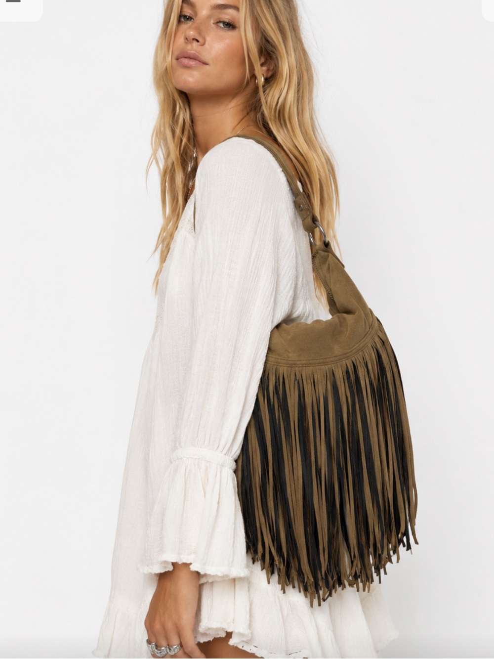 BOHO Bohemian Western Festival Artsy Brown Fringe Shoulder Bag Zip Closure